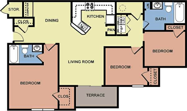 Floor plan for 3 beds, 2 baths, 1108 sqft